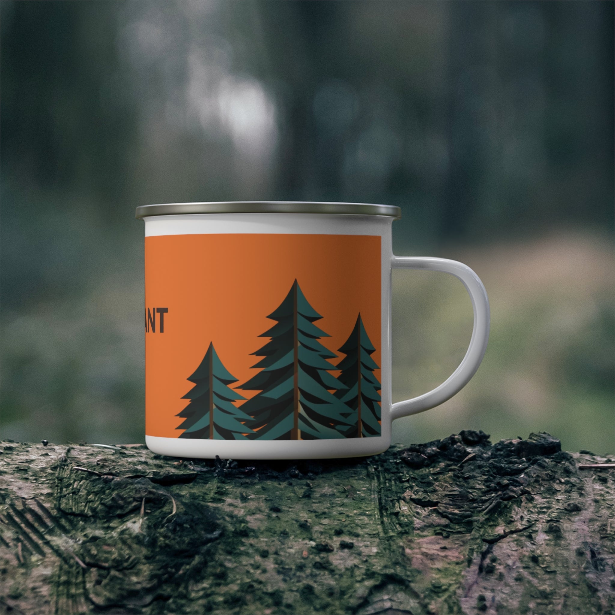 Enamel Camping Mug — Retro Forest Sunset Coffee Cup
